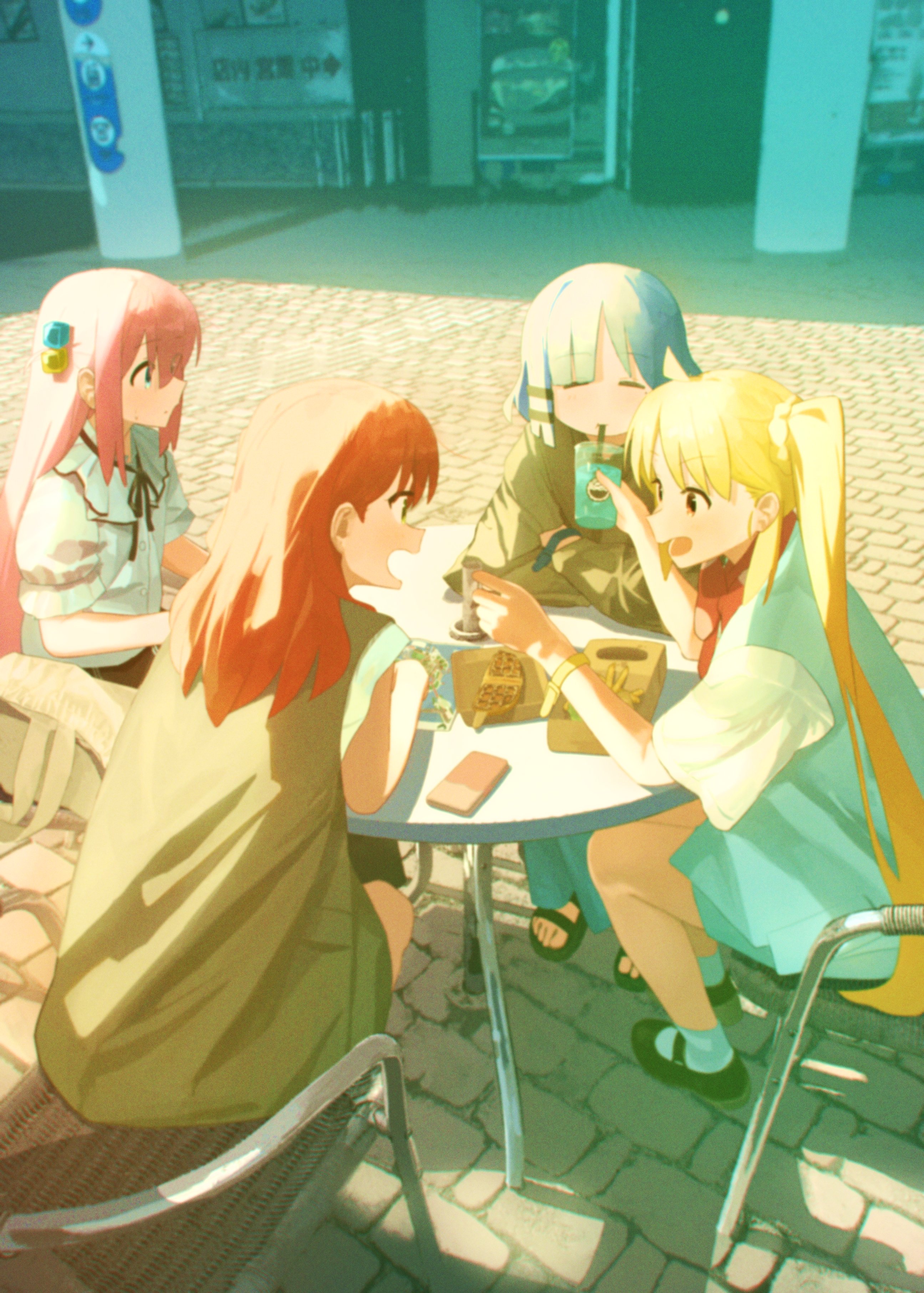 this digital illustration is a depiction of four young anime girls sitting at a table together.  they are enjoying their meal and each other's company, and their smiling faces indicate that they are having a good time.  the setting is an outdoor cafe. the art style is very colorful and energetic, which adds to the overall sense of fun and vibrancy.
