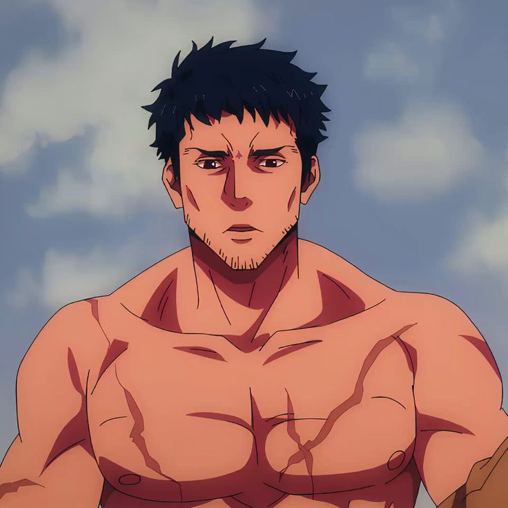 a closeup depiction of a muscular, shirtless anime man with short dark hair and a serious expression. he has a prominent scar on his left pectoral. the background suggests an outdoor setting with a bright sky.