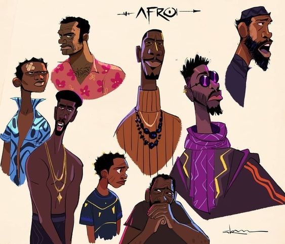 the image showcases a character sheet of  stylistically rendered black men.  the focus is on showcasing a variety of hairstyles, facial features, and expressions, highlighting the diversity within this demographic. the characters are depicted from the bust up, allowing for a closer examination of their individual attributes.   the use of warm, earthy tones contributes to the overall aesthetic of the artwork.
