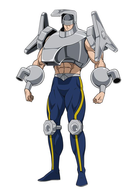 this is an illustration of a male anime superhero character with metal armor, in a standing pose. he is wearing blue and yellow pants with metal armor on his chest, arms, and legs. the superhero is standing with his feet apart and arms at his sides. his face is obscured by a visor, and he has a determined look on his face.  he has a metalliclooking wrench as part of his chest armor. the background is white.
