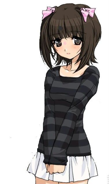 a cute anime girl with long brown hair tied with pink ribbons. she's wearing a black and white striped shirt with a white pleated skirt. she's looking at the viewer with big brown eyes.