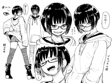 a black and white sketch features an anime girl with short black hair and glasses, drawn from multiple angles. she wears a hoodie, striped stockings, and boots. the sketch captures her in various poses and facial expressions.