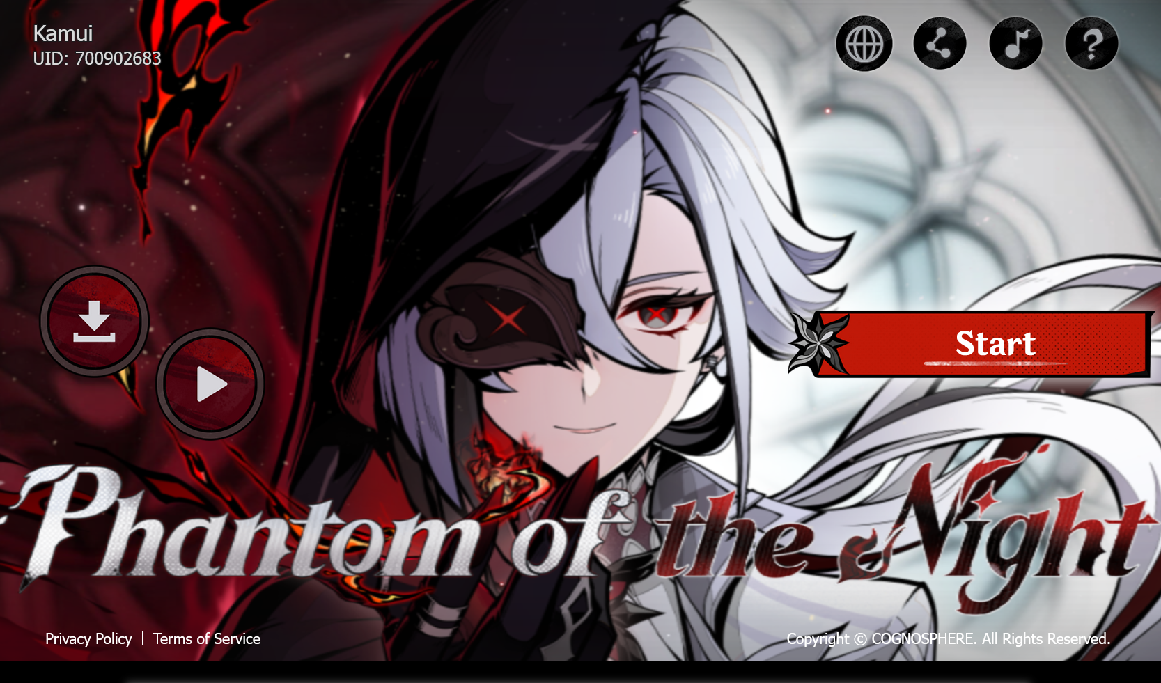 the image is a screen capture from the mobile game "phantom of the night." the game features a young, whitehaired anime girl character with red eyes. she is wearing a black hooded cloak with a red and black mask over her right eye. the image features a red and black color scheme and a dark and mystical aesthetic. the game's title, "phantom of the night," is displayed in large, bold letters at the bottom of the screen, along with the game's copyright information. the game's interface includes a "start" button, a "download" button, and a "play" button. the image is set against a backdrop of a dark and swirling sky. the overall aesthetic of the game is dark and mysterious, suggesting a dark and dangerous fantasy world.