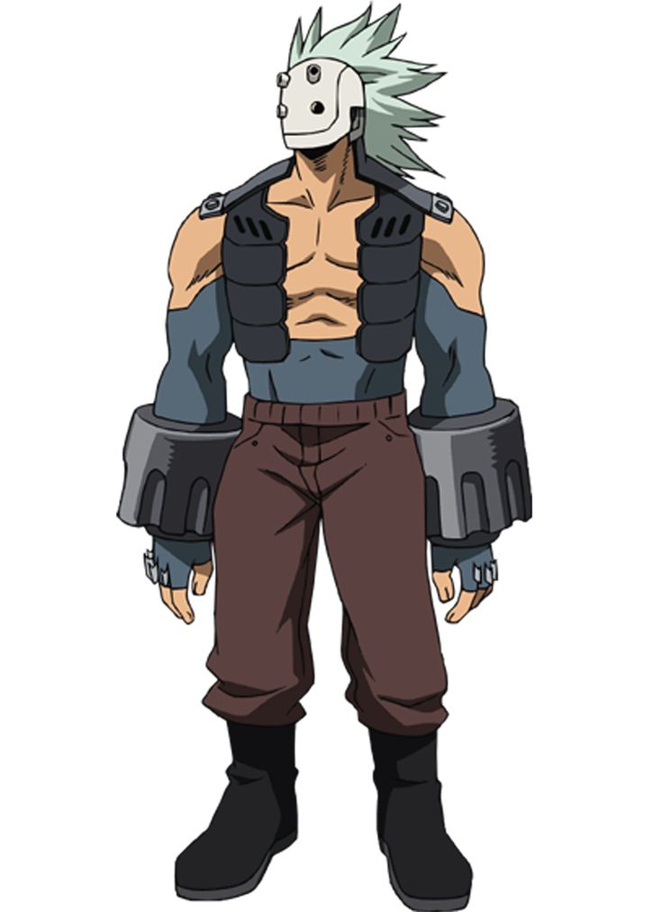 this is a digital illustration of a male anime character. he is standing with his legs slightly apart. he has spiky white hair. he is wearing a grey shirt with a black vest, brown pants, grey boots, and a white mask with holes. he is also wearing black and grey gloves that are attached to his forearms.