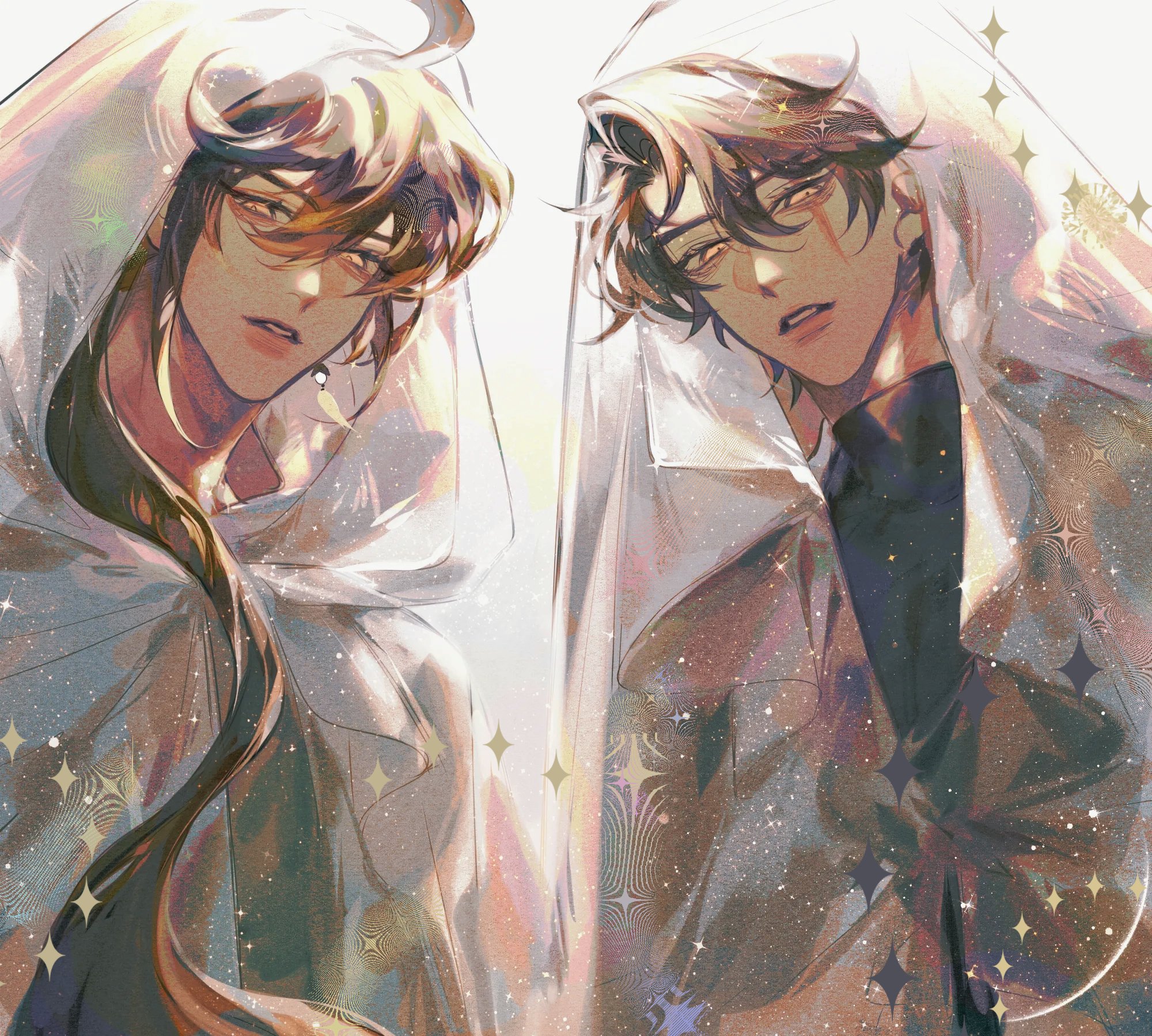 the image depicts a digital fanart illustration of two young men who appear to be twins or very similar in appearance. they are dressed in nearly identical long, hooded cloaks that shimmer with pastel colors and a glittering effect, suggestive of light or stardust.  their hair is long and styled similarly, though one has warmertoned hair and the other cooler. their expressions are soft and almost pensive, and their poses are similar but not exactly identical. the overall style is ethereal and elegant, conveying a sense of fantasy and mystery. the art has a soft, painterly quality, blending sharp lines with soft shading to create a delicate and beautiful image.