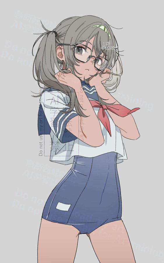 a young anime school girl with grey hair, wearing a blue and white sailor school uniform and red ribbon. she is holding her hands up to her face as if she is shy or blushing, and she is looking away from the camera. she is wearing