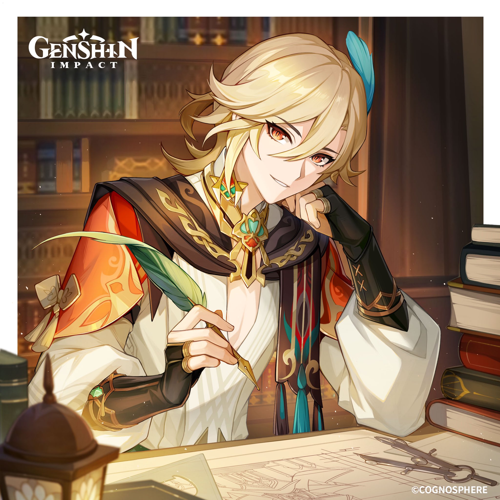 a portrait of a young male character from the game genshin impact. he has blond hair and blue eyes and is wearing a white shirt, a black vest, and a blue and orange scarf. he is holding a feather quill and appears to be writing in a book. he is smiling and looking at the viewer, his eyes are bright and cheerful. the character is standing in a library, with shelves full of books behind him. the background is warm and inviting.