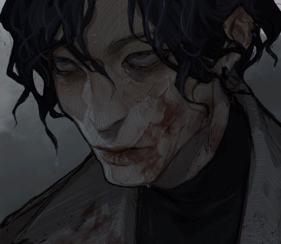 a closeup portrait of a man with dark, disheveled hair partially obscuring his face. he appears to be injured, with blood smeared across his mouth, chin, and cheek. the man wears dark clothing and has a somber expression. the overall tone of the image is dark and evocative of pain or hardship.
