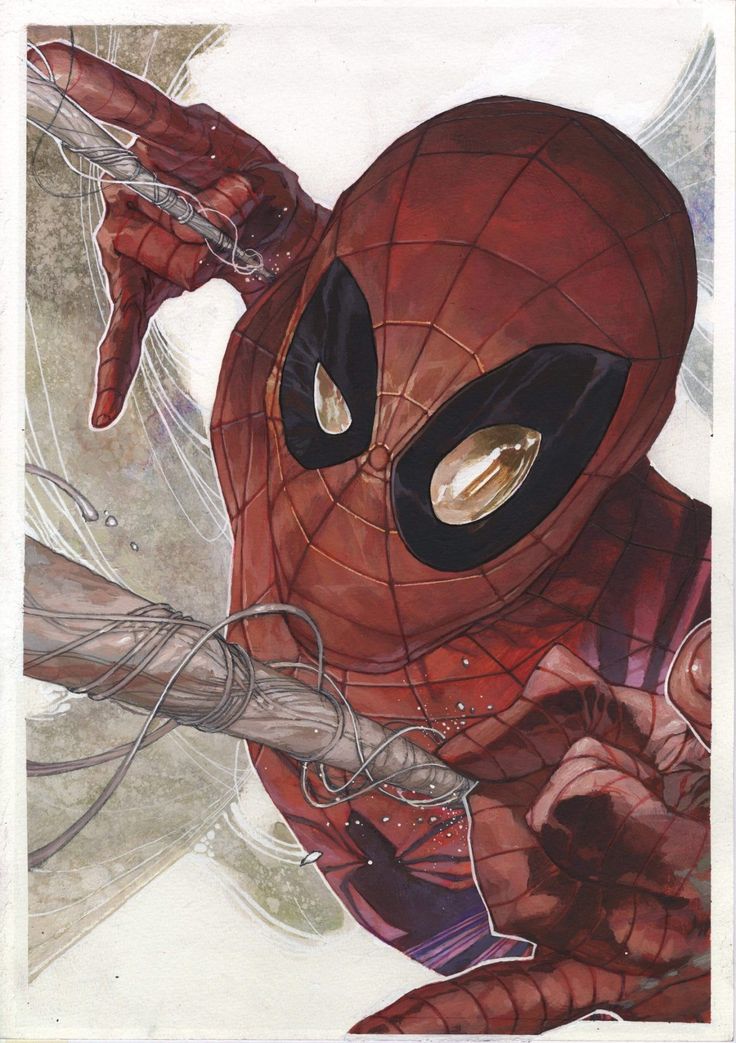 a close up illustration of spiderman looking directly at the viewer with a serious expression. spiderman is swinging from a web, a web shooter is in his right hand.  the image is a comic book style illustration.  the background is white and the details are of a light grey color.  the spiderman costume is detailed with red and blue.  the illustration is in a comic book style.