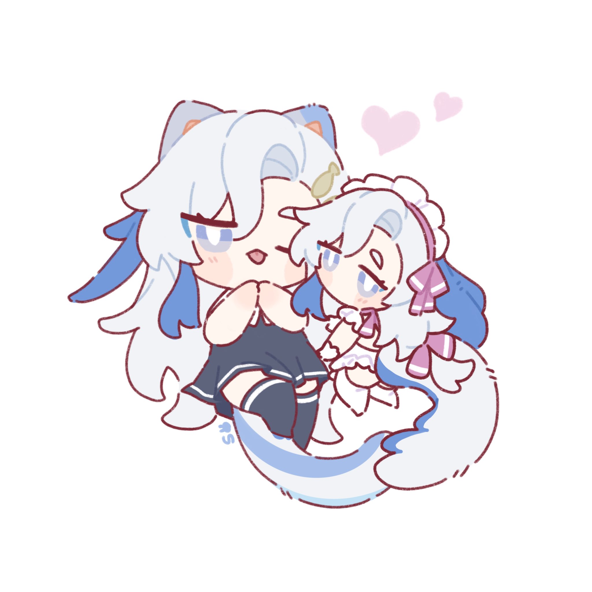 he image is a cute chibistyle drawing of two anime girls. one is larger and has cat ears, while the smaller girl is in her arms. they are both light blue/white haired, with pastel colored clothes. hearts float above them, suggesting a loving or friendly relationship. the style is very soft and sweet.