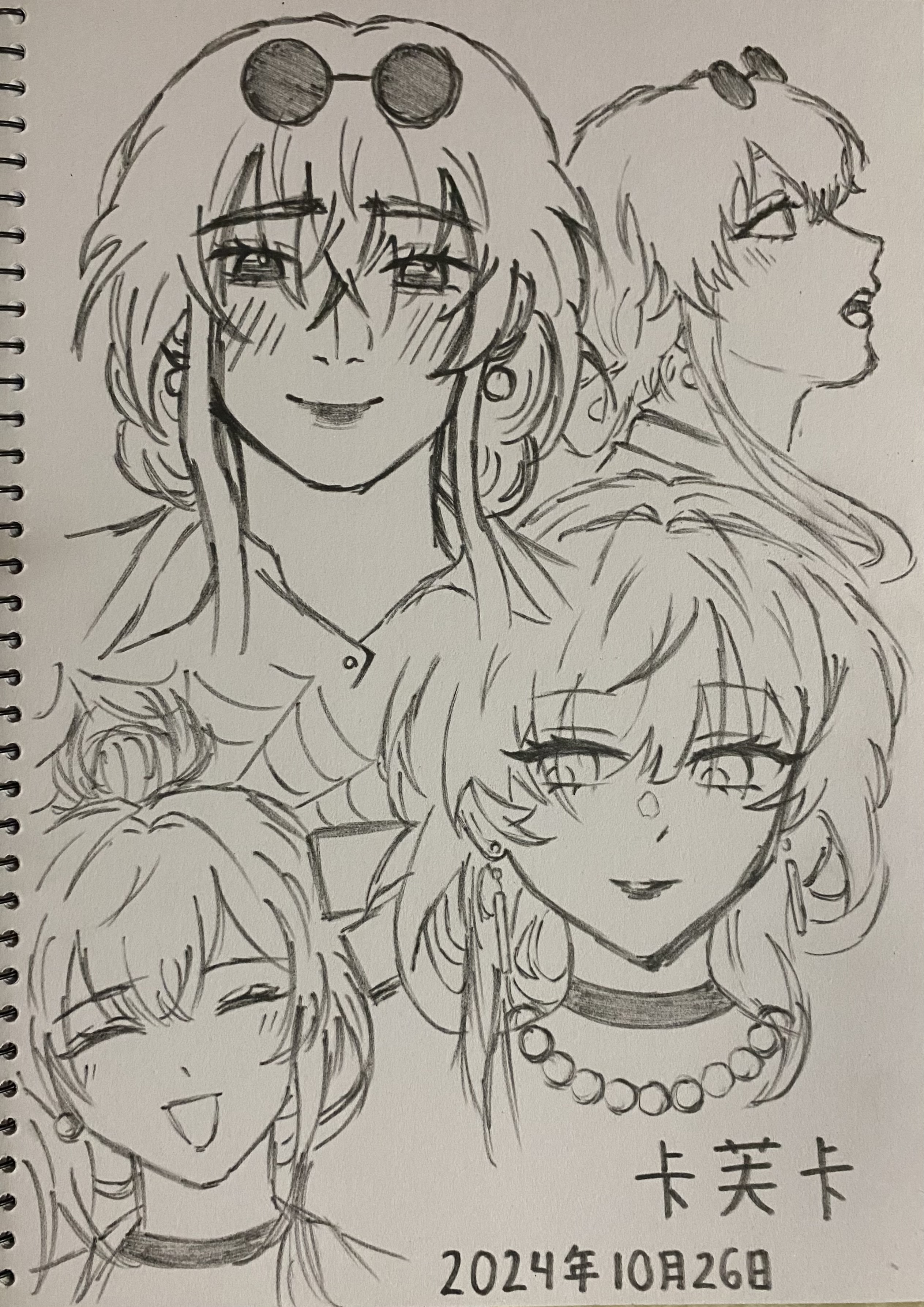 he image is a pencil sketch on a notebook page featuring several animestyle female characters.  the main focus is on a girl with sunglasses, her face showing a happy expression.  other characters are shown in various poses and expressions, some in profile.  the style is detailed with shading and linework indicative of a handdrawn illustration. the bottom right corner contains a date written in japanese and what appears to be a signature.  the overall style is reminiscent of manga or anime character design.