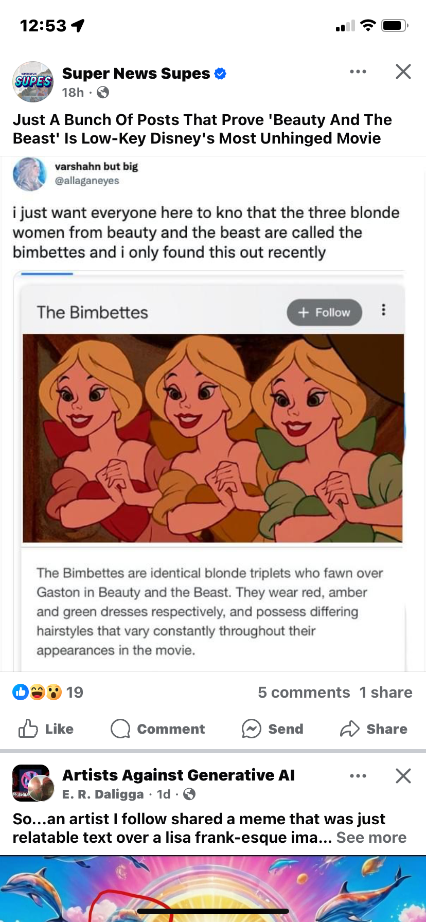 this is a screenshot of a facebook post discussing the bimbettes from disney's "beauty and the beast." the post states that the bimbettes are identical blonde triplets who are always fawning over gaston. the image features a picture of the bimbettes in their red, amber, and green dresses, and the post mentions that they have constantly changing hairstyles throughout the movie.