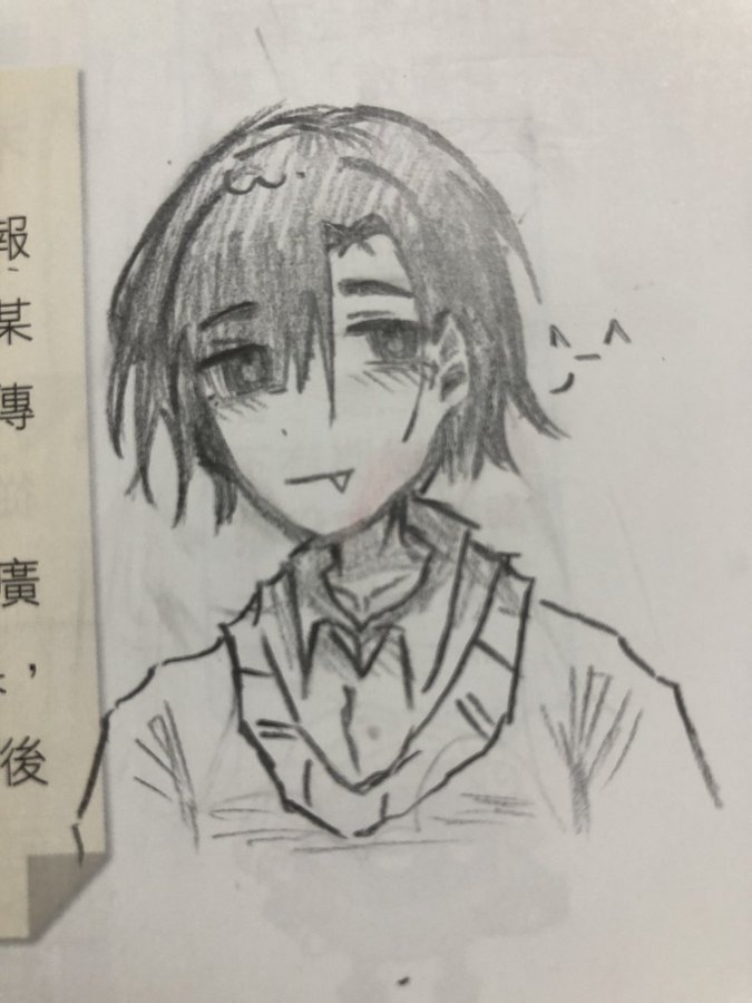 a pencil sketch of an animestyle boy with short dark hair.  he has a slight smirk on his face, and is drawn in a simple, almost chibilike style. he appears to be wearing a sweater or school uniform. the drawing is done on what looks like notebook paper, with some text visible on the left side.  there's a small, playful symbol near the character's head. the overall style is loose and informal, giving it a casual, doodled feel.