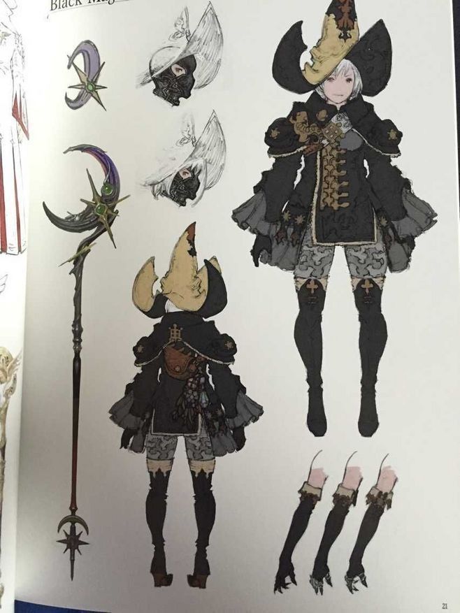the image is a page from what appears to be a final fantasy xiv art book or design document. it showcases concept art for the black mage job/class.  the main focus is on the design of a female character in the black mage attire.  the page includes various sketches: a fullbody view of the character, detailed closeups of her hat in different angles, a back view of her costume, and separate sketches of her boots and gauntlets/gloves. a design for the black mage's staff is also featured. the overall style is dark fantasy, with intricate details on the clothing and accessories. the art is in grayscale with some added shading and texturing to give depth to the garments.  the page number "21" is visible in the lower right corner.