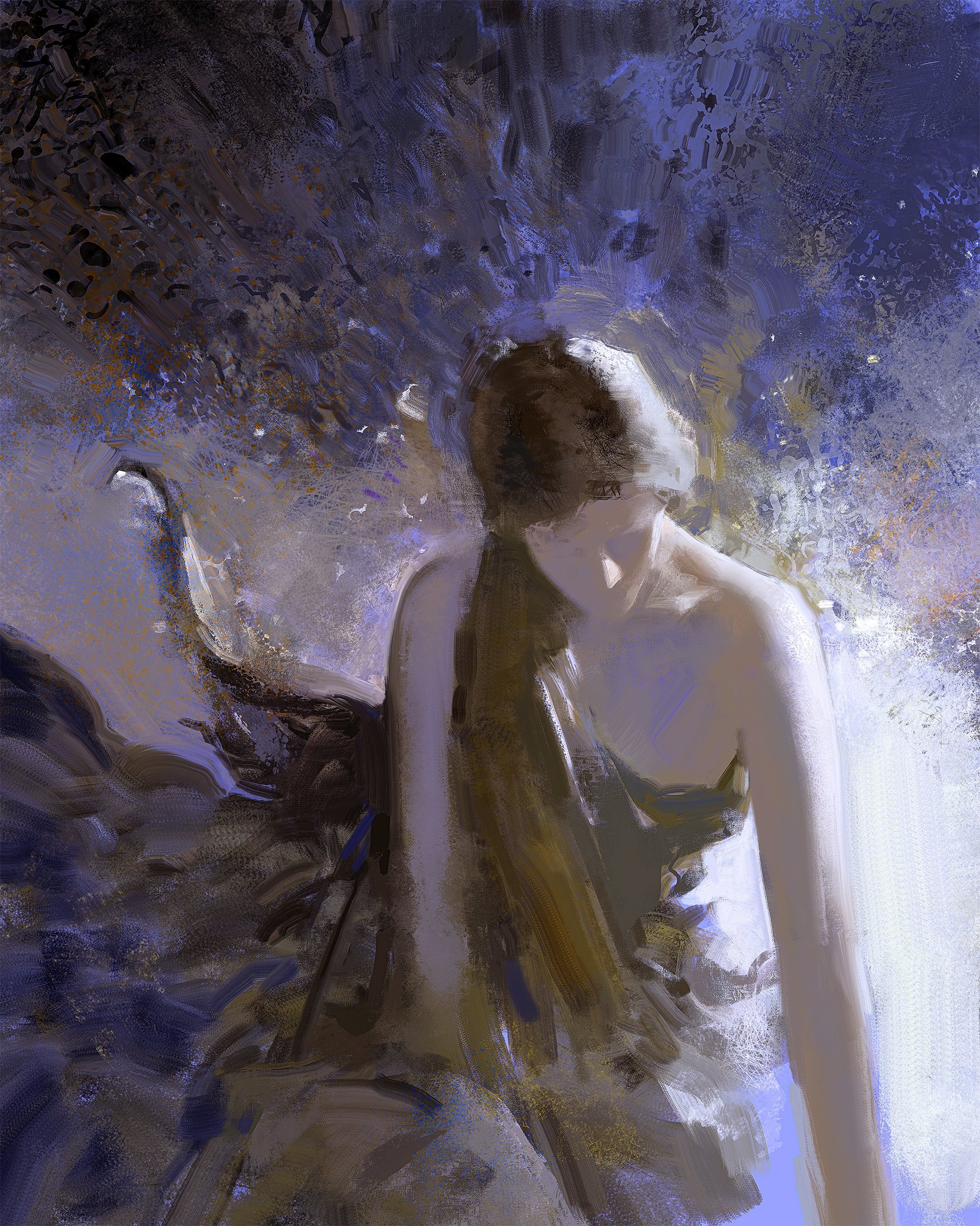 a digital painting of a woman with long brown hair, depicted from the back.  she is wearing a dark brown robe that is flowing around her. she is standing in a dim, ethereal light, with a sense of mystery about her.