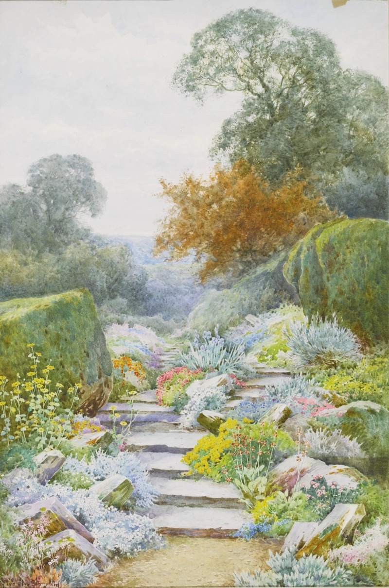 a watercolor painting depicts a lush garden scene with stone steps leading up a hillside. the foreground features a pathway lined with rocks and an abundance of colorful flowers, including pink, yellow, and blue varieties. various shrubs and greenery surround the steps. the steps lead upwards towards a landscape with trees and foliage, creating a serene and artistic scene.