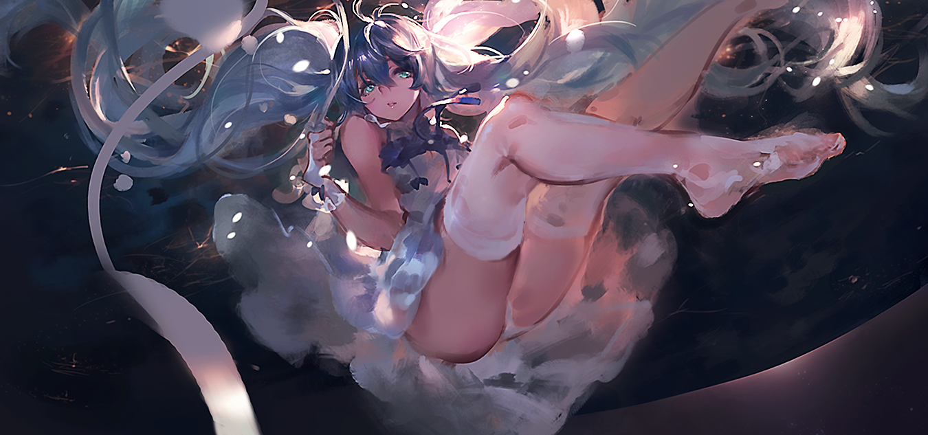 an animestyle digital painting depicts a young woman with blue hair and green eyes floating in a dark space. she is lying down, wearing a short white dress and white thighhigh socks. light effects and white ribbons add to the fantasy atmosphere. the artwork is artistic and visually striking.