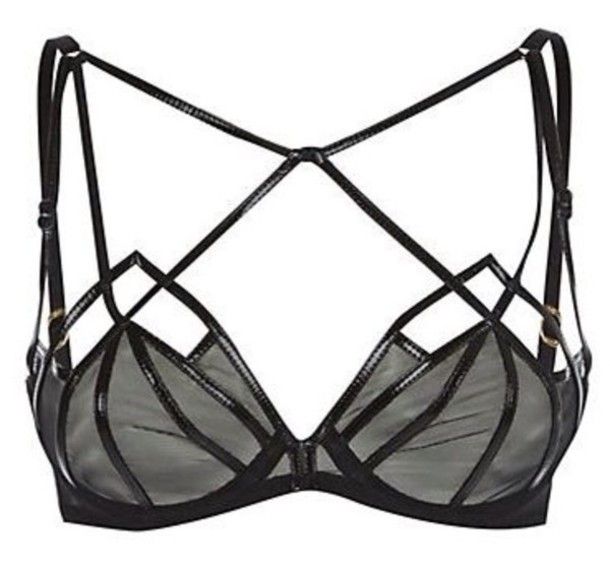 a black, strappy bra with mesh cups and a crisscross design.