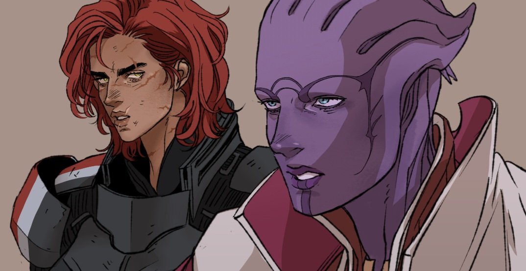 the image depicts two characters from the mass effect video game series: commander shepard and liara t'soni. commander shepard, with red hair, is shown wearing alliance armor. liara, an asari, stands next to shepard. the artwork appears to be fanmade and stylized.