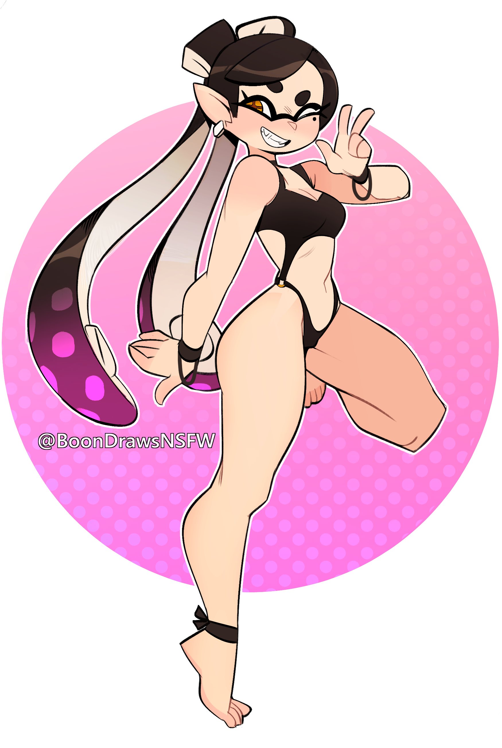 a cartoon drawing of an anime girl in a swimsuit with tentacles. she is smiling and standing on one leg with her other leg bent and her arm raised. there is a pink background with white dots behind her.
