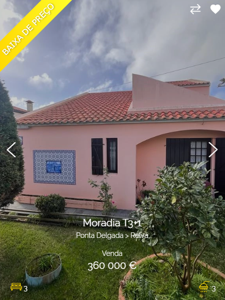 a pink house with a tiled roof and balcony is for sale. it has a wellmaintained garden with green grass, plants, and flowers. the house has a front door and multiple windows. there is a small porch area to the left of the door.  "moradia t3+1" and "venda 360 000€" are shown on the image.