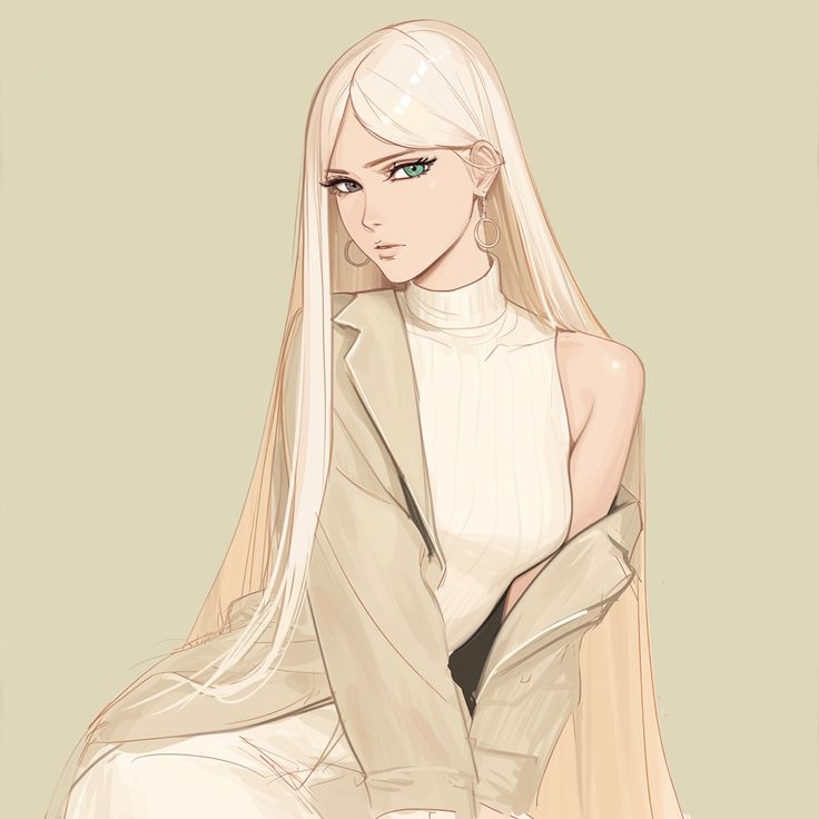 the image showcases a stylized animestyle portrait of a young woman. she possesses long, flowing white hair that cascades past her shoulders. her eyes are a striking green, and she's adorned with simple, hoop earrings. she's dressed in a sophisticated ensemble consisting of a beige blazer draped over a white sleeveless turtleneck top. the overall color palette is soft and pastel, with beige and white dominating the scene. the art style is characterized by smooth lines and delicate shading, giving the illustration a serene and elegant feel.  the background is a muted, pale green, which complements the soft tones of the character and her clothing. the overall impression is one of quiet sophistication and elegance.