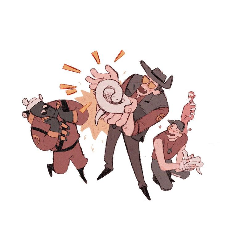the image is a digital fanart piece depicting three characters from the video game team fortress 2: heavy, soldier, and spy.  they are in a comical scene centered around a small, lightcolored snake or reptile. spy is holding the creature triumphantly, with an exclamation pointlike burst of light behind it suggesting excitement or discovery. heavy appears surprised or amused by the event, while soldier is seen kneeling and holding a slightly larger, similarlooking reptile. the art style is loose, cartoonish, and uses a warm, pasteltoned color palette. the overall tone is humorous and lighthearted, focusing on the characters' reactions to the unusual situation.