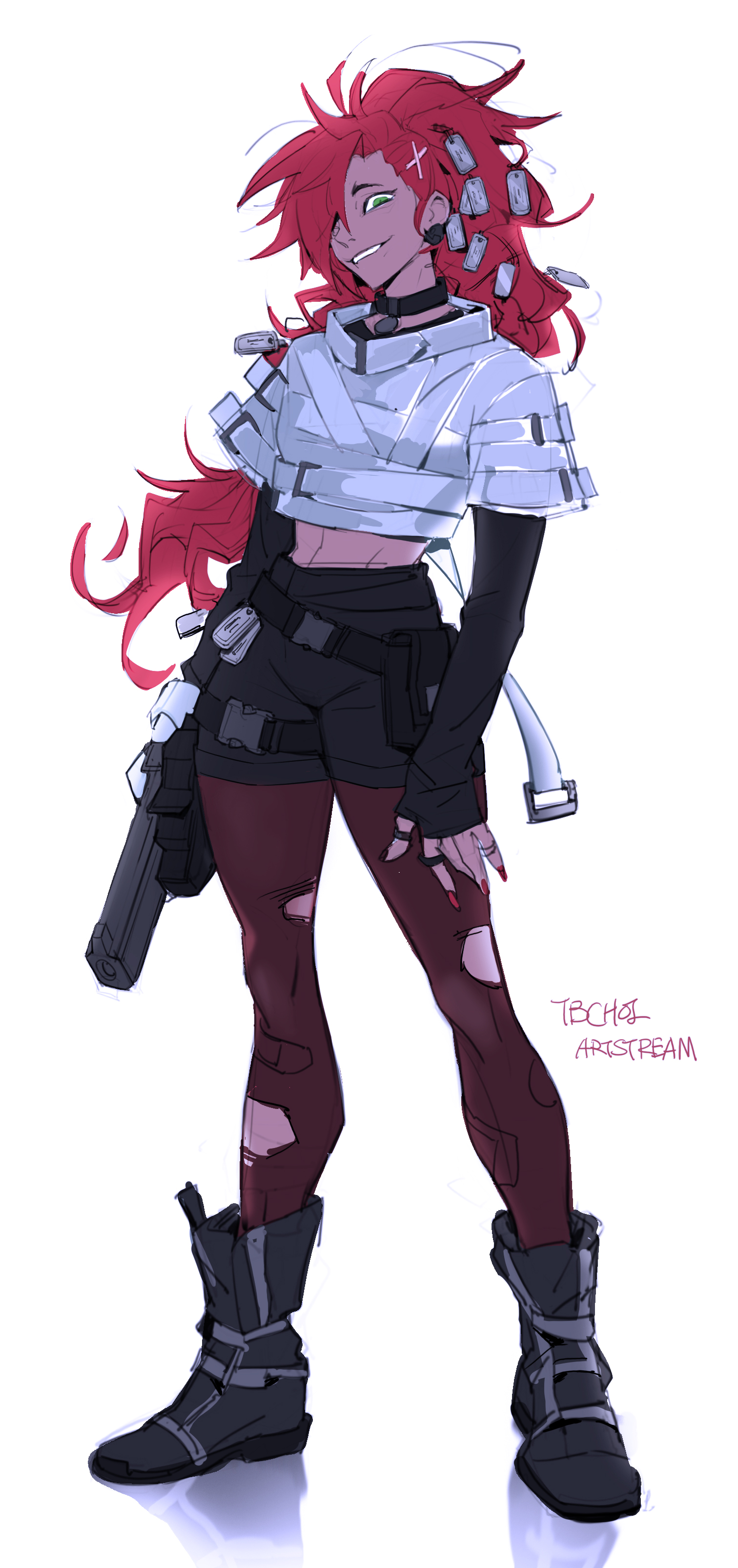 he image is a digital painting of a female anime character. she has long, vibrant red hair with bangs, and is wearing a futuristic outfit. the outfit consists of a white cropped top with black accents, dark shorts, maroon tights with rips, and chunky black boots. she carries a gun and has several dog tags around her neck. her expression is confident, with a slight smirk. the overall style is vibrant and dynamic, with attention to detail in both the character and her clothing. the background is white, making the character stand out. the artwork is signed "techie artstream".