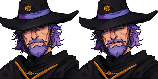 the image shows a sidebyside comparison of a male character from an anime or mangastyle illustration. he's an older man with long purple hair and a matching purple beard, wearing a widebrimmed black hat with a purple band and gold detailing. his clothing is dark and features gold trim. the two images are nearly identical except for a slight difference in his facial expression— a very subtle change in the shape of his mouth, suggesting a change in emotion. the background is plain black, focusing all attention on the character. the overall style is dark and mysterious, suggesting a fantasy or possibly magical setting.