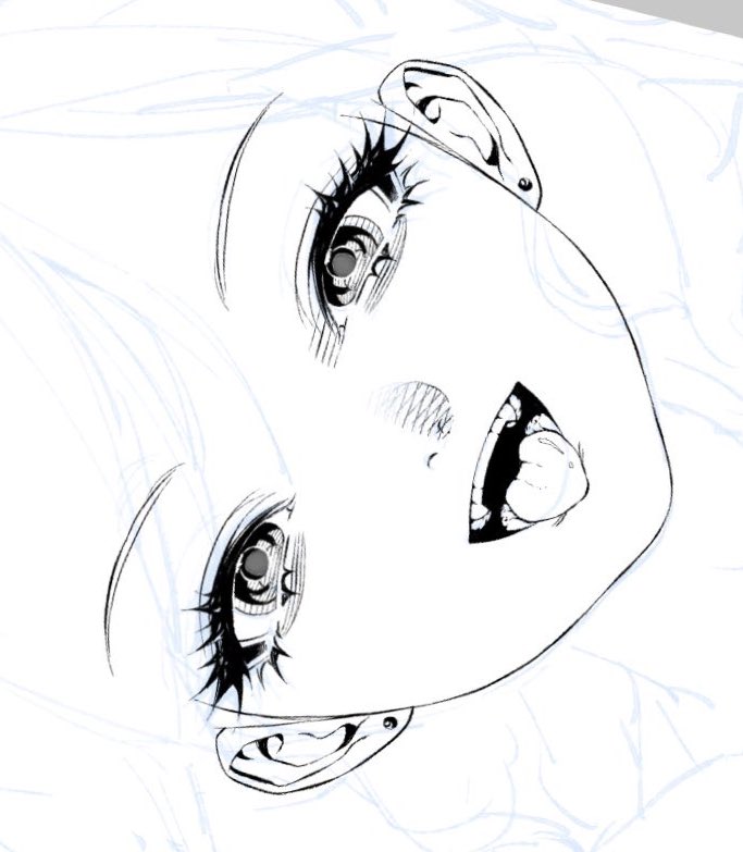 a closeup of an anime girl's face, drawn in black and white. her eyes are wide open and she is smiling, with her tongue sticking out slightly. her hair is drawn as lines flowing down the side of her face. the background is a simple white.