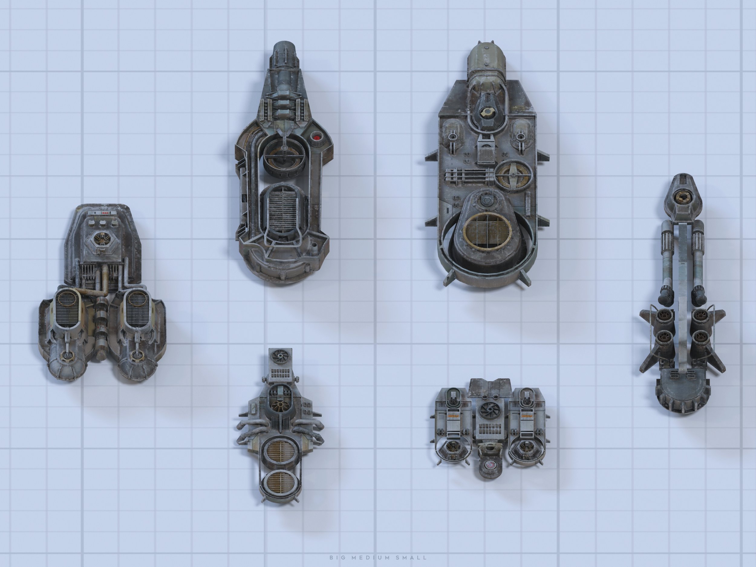 the image shows six different spaceship designs viewed from above, arranged on a grid background.  the spaceships vary in size, from small, singleengine craft to larger, multiengine vessels.  the designs are detailed and have a worn, slightly distressed aesthetic, suggesting age and use. the bottom of the image has a caption "big medium small" indicating the size differences between the spacecraft. the overall style is reminiscent of science fiction artwork or game assets.