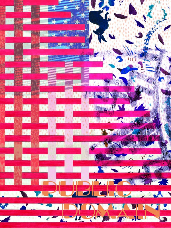 an abstract collage design that appears to incorporate elements of the american flag using red and white stripes, along with blue stars. it includes the text "public domain". there is also a section of the image composed of blue and purple abstract designs.