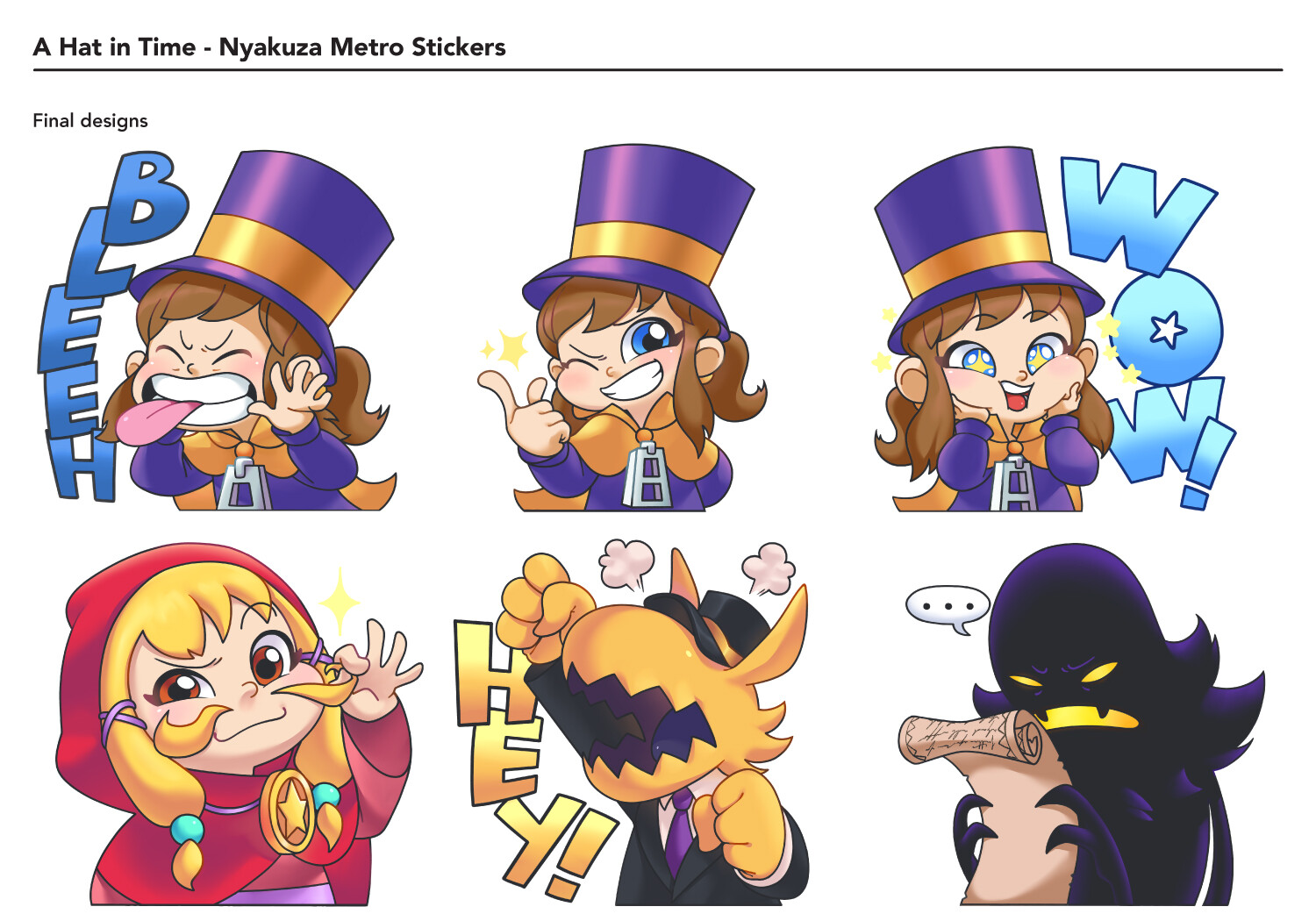 this image features a set of six stickers inspired by the video game a hat in time. the stickers depict different characters from the game, including hat kid, mustache girl, conductor, and the snatcher. each sticker features a unique expression and pose. the stickers are designed in a cartoon style with bright colors and whimsical details. they are perfect for fans of the game to use in their digital chats or to decorate their belongings.