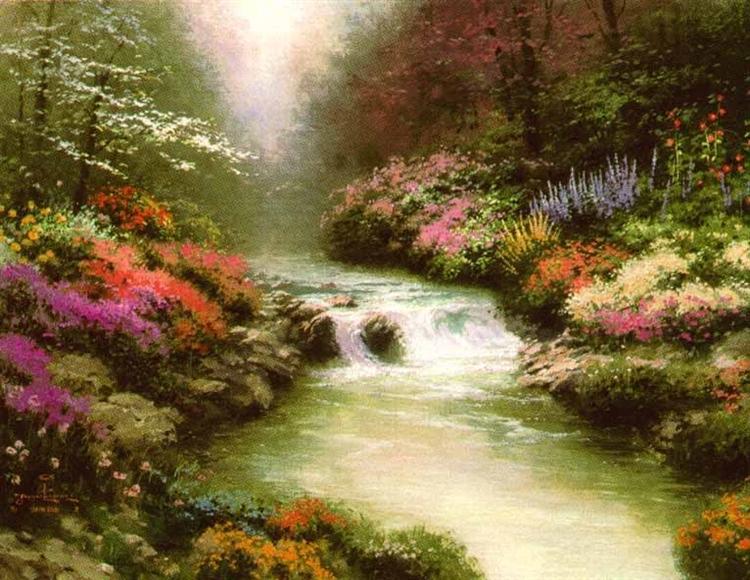 the image is a painting, characteristic of the style of thomas kinkade, depicting a serene and idyllic landscape. a gently flowing stream or small river meanders through a lush garden brimming with a vibrant array of colorful flowers.  the banks of the stream are lined with rocks and verdant foliage.  sunlight streams through the trees, creating a warm, ethereal glow over the scene. the overall mood is peaceful, romantic, and enchanting, conveying a sense of tranquility and natural beauty. the style suggests a dreamy or whimsical interpretation of nature.
