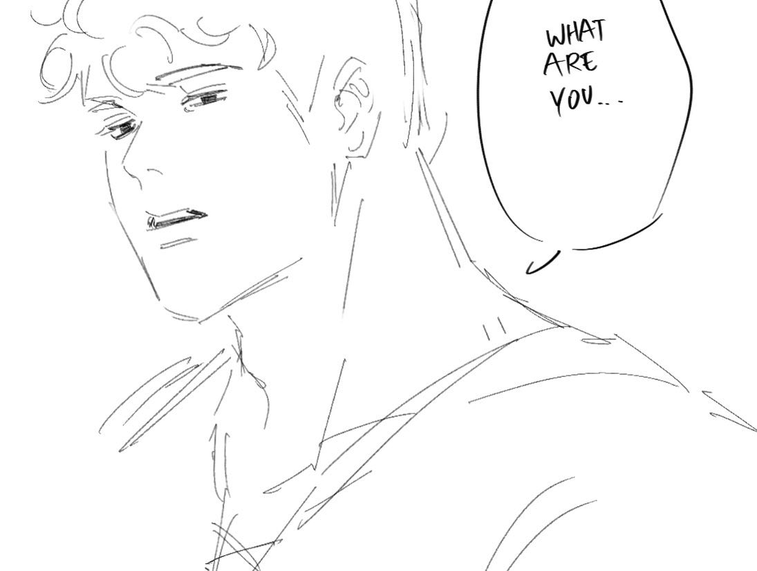 a black and white sketch of a young man with curly hair looking to the side with a confused expression. a speech bubble next to his face asks "what are you..." the style is reminiscent of japanese manga.