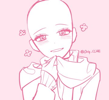 a line drawing of a cute anime girl with blushing cheeks, wearing a scarf and gloves, drawn in a simple style. the girl is looking at something offscreen with a shy smile on her face. there are a few small flowerlike shapes scattered around the drawing, adding to its cute and aesthetic appeal. the overall tone of the drawing is light and playful.