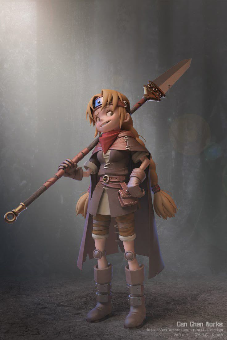 a 3d rendered image of a stylized animeinspired female character. she stands in a threequarter pose, holding a spear across her shoulders. she wears a brown tunic, kneehigh boots, a brown cape, a headscarf, and has blonde hair in braided pigtails. a small pouch hangs from her belt. the character has a confident expression and is set against a textured gray background.