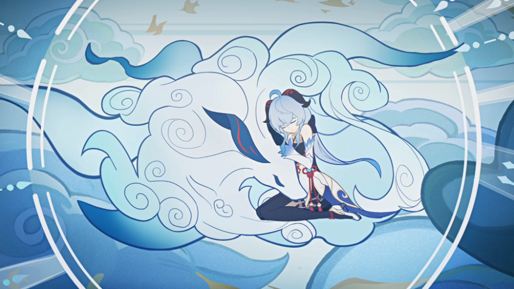 a genshin impact illustration of ganyu, a female character from the game, she is dressed in her standard outfit, with a  long, flowing white hair and blue eyes. she is sitting on a giant white cloud with blue swirls, with her arms wrapped around her self as if she is cold. the background features a blue sky with white swirls and light blue clouds, with hints of yellow and pink, the whole image is a digital art style.