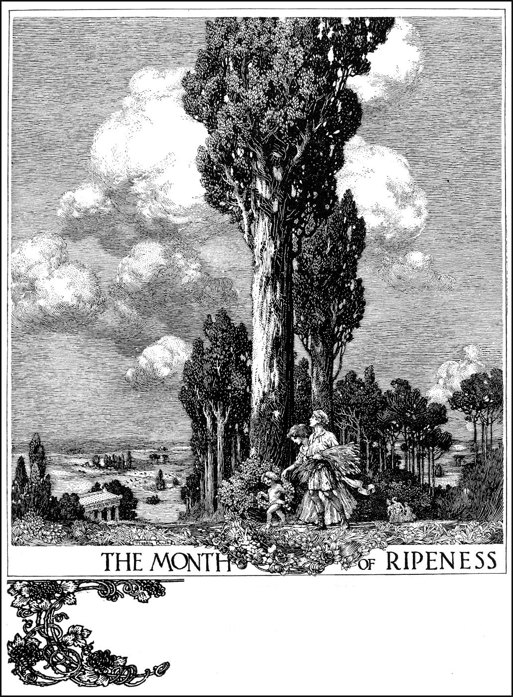 a black and white woodcut or engraving illustration depicting a pastoral scene. a tall cypress tree dominates the center, with smaller trees and shrubs surrounding it. in the foreground, two women and a child are walking, possibly carrying harvested wheat. the background features a serene landscape with fields and buildings in the distance.  the image has a title at the bottom reading "the month of ripeness" and decorative border elements. the overall style is reminiscent of vintage or antique artwork.