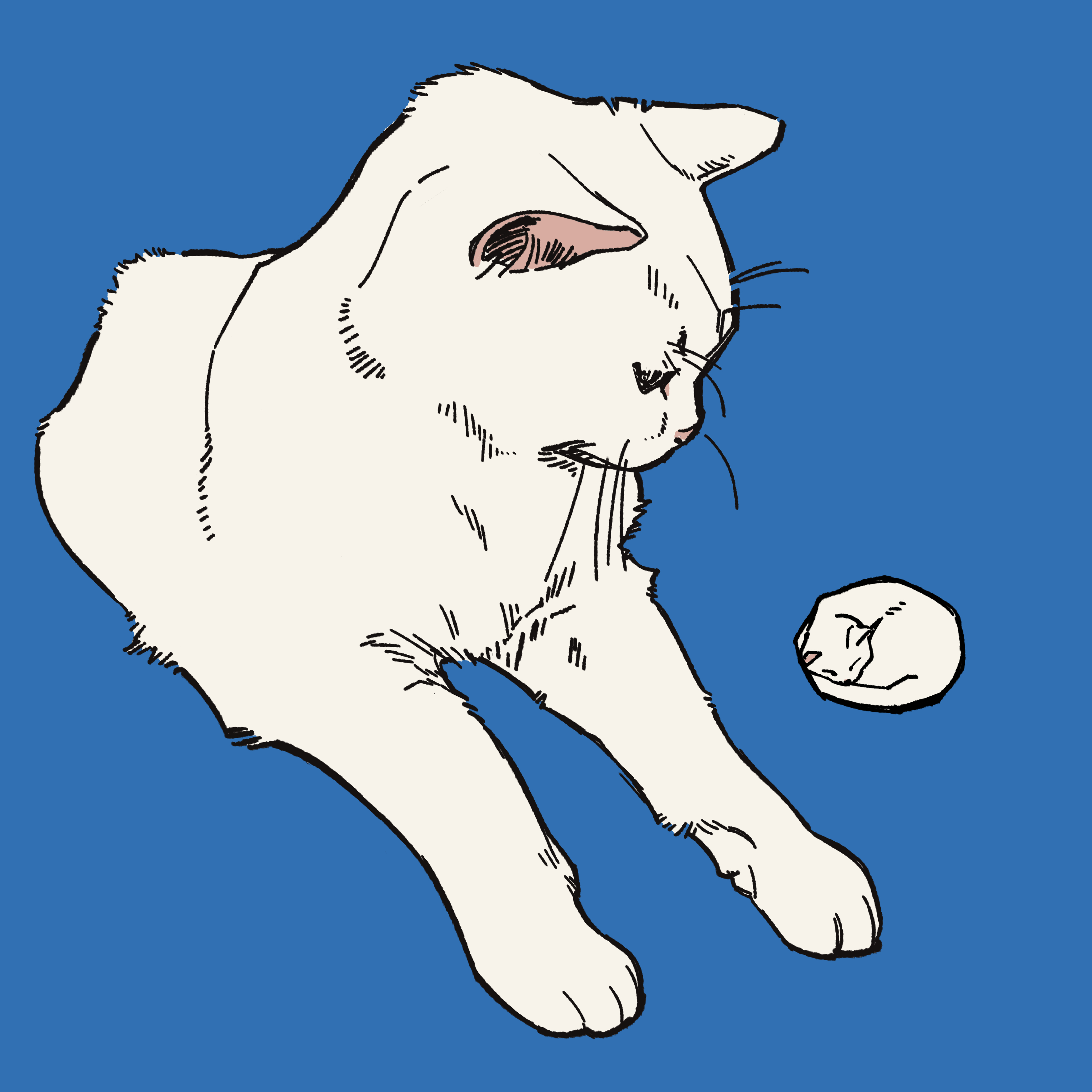 the image is a stylized line drawing of a white cat on a blue background. the cat is depicted in a slightly curledup position, appearing relaxed and possibly watching a small, curledup kitten to the right. the style of the drawing is simple and elegant with clear lines and shading to add depth. the color palette is limited to white for the cat, and a solid blue for the background.