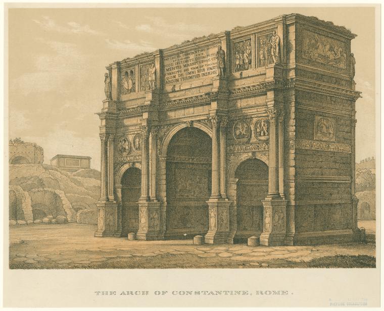 the image is an engraving of the arch of constantine in rome. the arch is a large, threearched structure adorned with sculptures and inscriptions. in the background, there are ruins on a hill. the foreground shows a grassy area leading up to the arch. the text "the arch of constantine, rome" is printed at the bottom.