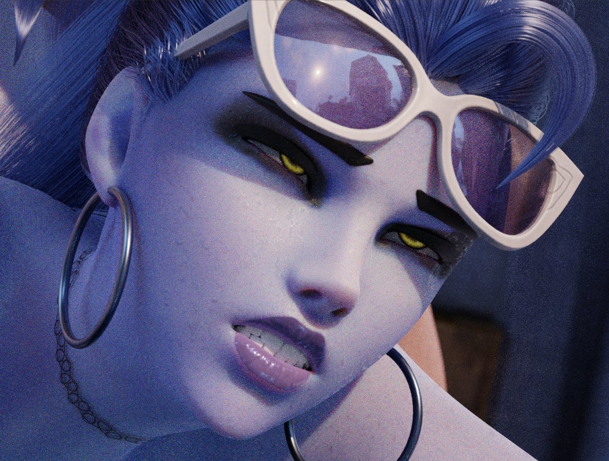 a closeup, stylized 3d render of sombra from overwatch.  she's looking directly at the viewer with a suggestive expression.  she's wearing white sunglasses, large hoop earrings, and a choker necklace. her skin is purple and her hair is blue. the background is blurred and dark. the overall style is fantasy/scifi with a sensual tone.