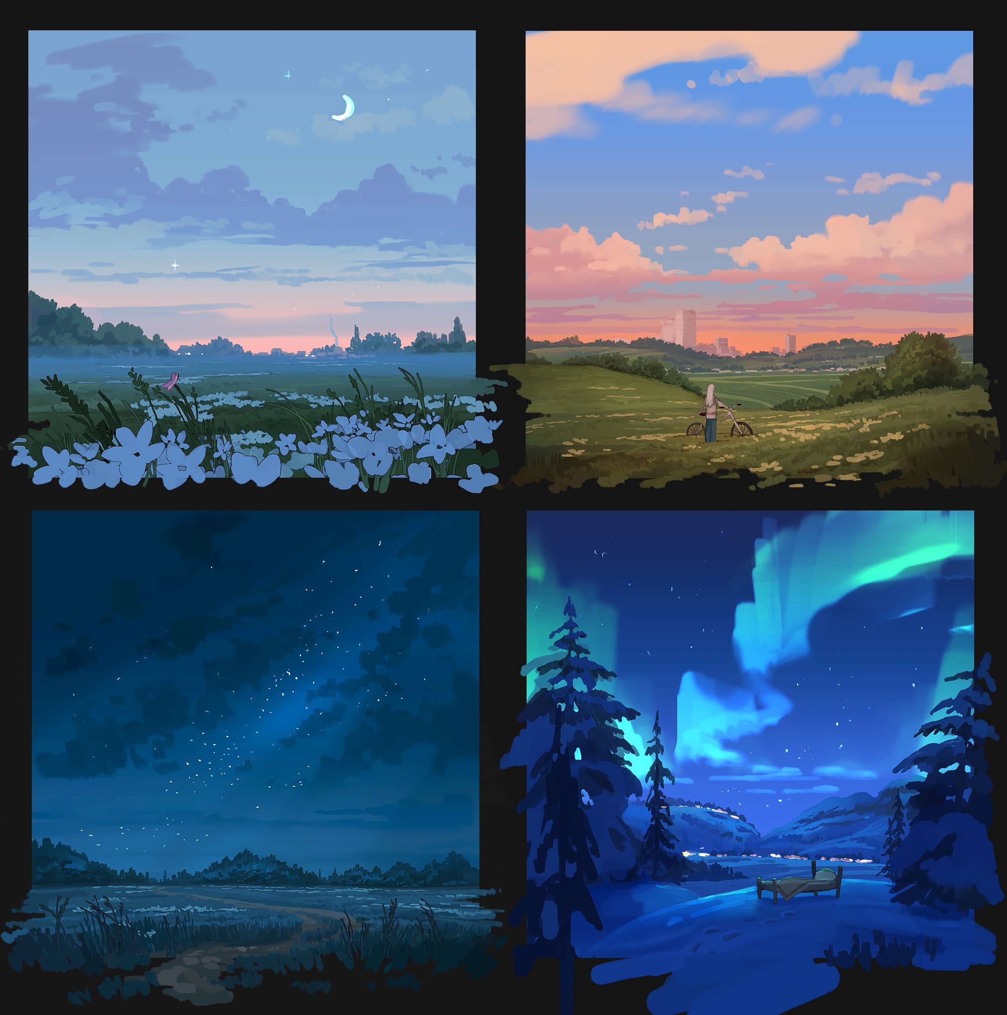 the image shows four different landscape paintings. the first is of a field of white flowers under a dusk sky with a crescent moon. the second is a field with a person and a bicycle under a partly cloudy sky with a cityscape in the distance. the third is a night scene with a starry sky over a field. the fourth is a winter landscape with snowcovered ground, trees, a bench, and the aurora borealis.