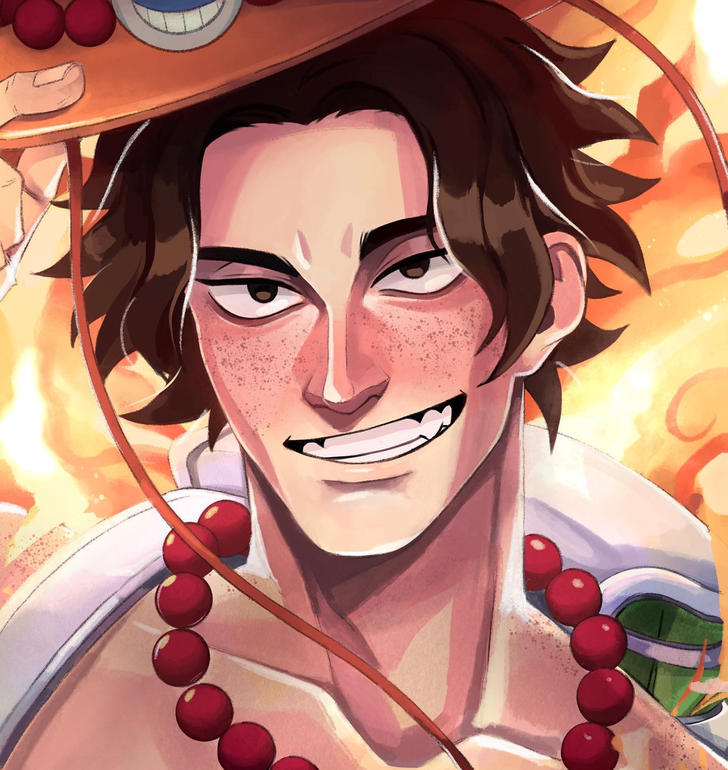 the image is a digital fanart depicting portgas d. ace from the anime and manga series one piece.  the artwork is a closeup portrait focusing on ace's face and upper body. he's smiling confidently, and his characteristic straw hat is partially visible.  his freckles, brown hair, and red beaded necklace are clearly depicted.  the background features stylized flames, adding to his fiery persona. the art style is vibrant and painterly, with soft shading and detailed textures.  the overall mood is one of excitement and charisma.