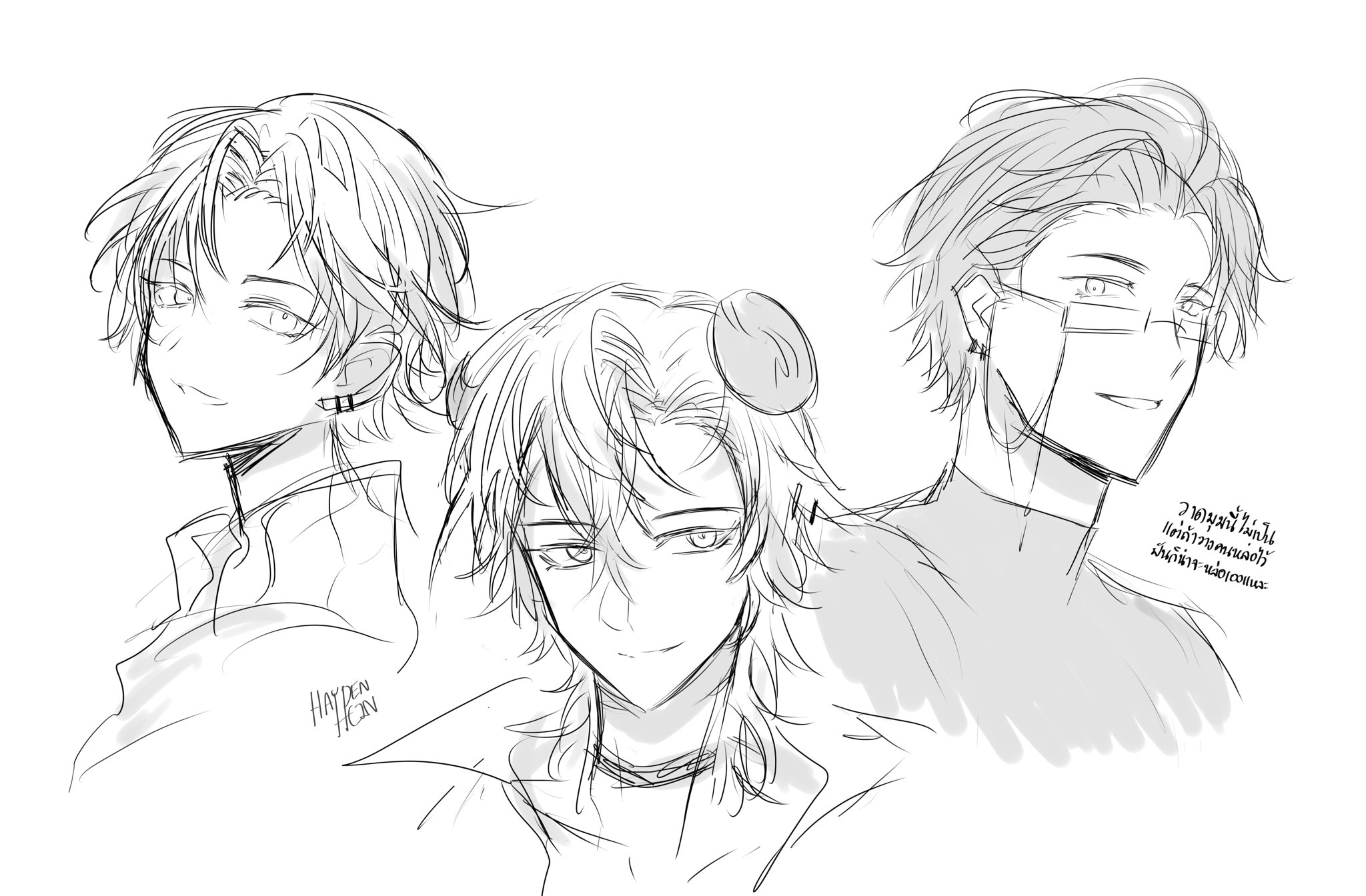 this is a sketch of three anime boys with different hair styles. the boy on the left has short hair and is looking to the side. the boy in the center has long hair and is looking forward. the boy on the right has short hair and is wearing glasses. the sketch is done in black and white.