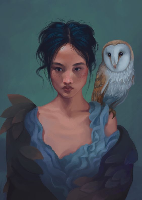 a woman with dark hair pulled back and a serene expression poses with a barn owl perched on her left shoulder. she wears a stylized garment that combines dark, textured fabric with flowing, blue material. the background is a muted teal, enhancing the painting's overall ethereal mood.