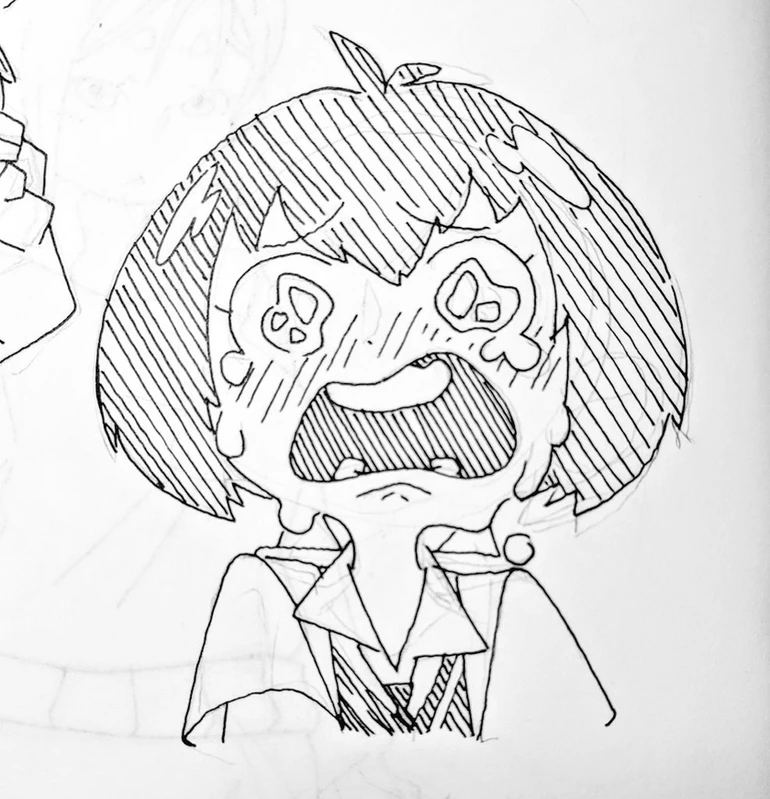 a black and white drawing of an anime girl with short hair crying with her mouth open and tears running down her cheeks. the art style is in a manga style, with simple, clean lines and shading.