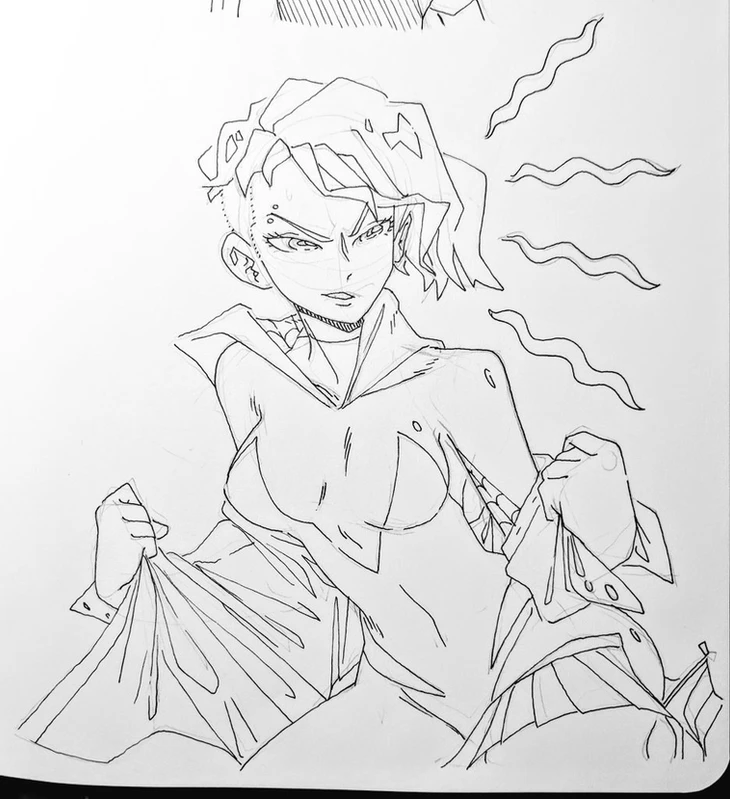 this is a line art drawing of a female anime character with short spiky hair, a hooded jacket, and a determined expression. she is posed with her arm raised and cape flowing behind her, giving an impression of power and action. the drawing is done in black ink on white paper and captures the dynamic energy of the character.