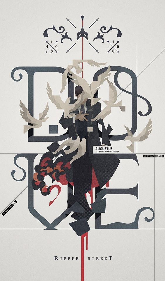 the image is a stylized poster or promotional artwork for something related to "ripper street". the central figure is a man dressed in a dark suit who appears to be an assistant commissioner, possibly alluding to a detective or law enforcement official.  the design incorporates strong typographic elements using the words "ripper street" as well as the name "augustus" positioned within the design.  the style is highly artistic and abstract. doves are incorporated in a visually striking way, surrounding the figure, some of them appearing to emerge from or merge into the typography. there are also stylistic flourishes and geometric shapes (arrows, cross motifs) hinting at a vintage or historical setting. a central red element suggesting blood drips down from the main body of design to the title. the overall color scheme is primarily grayscale, with the red adding a dramatic accent. the overall effect is a highly artistic and evocative image likely meant to convey a sense of mystery, intrigue, and possibly, a dark historical setting.