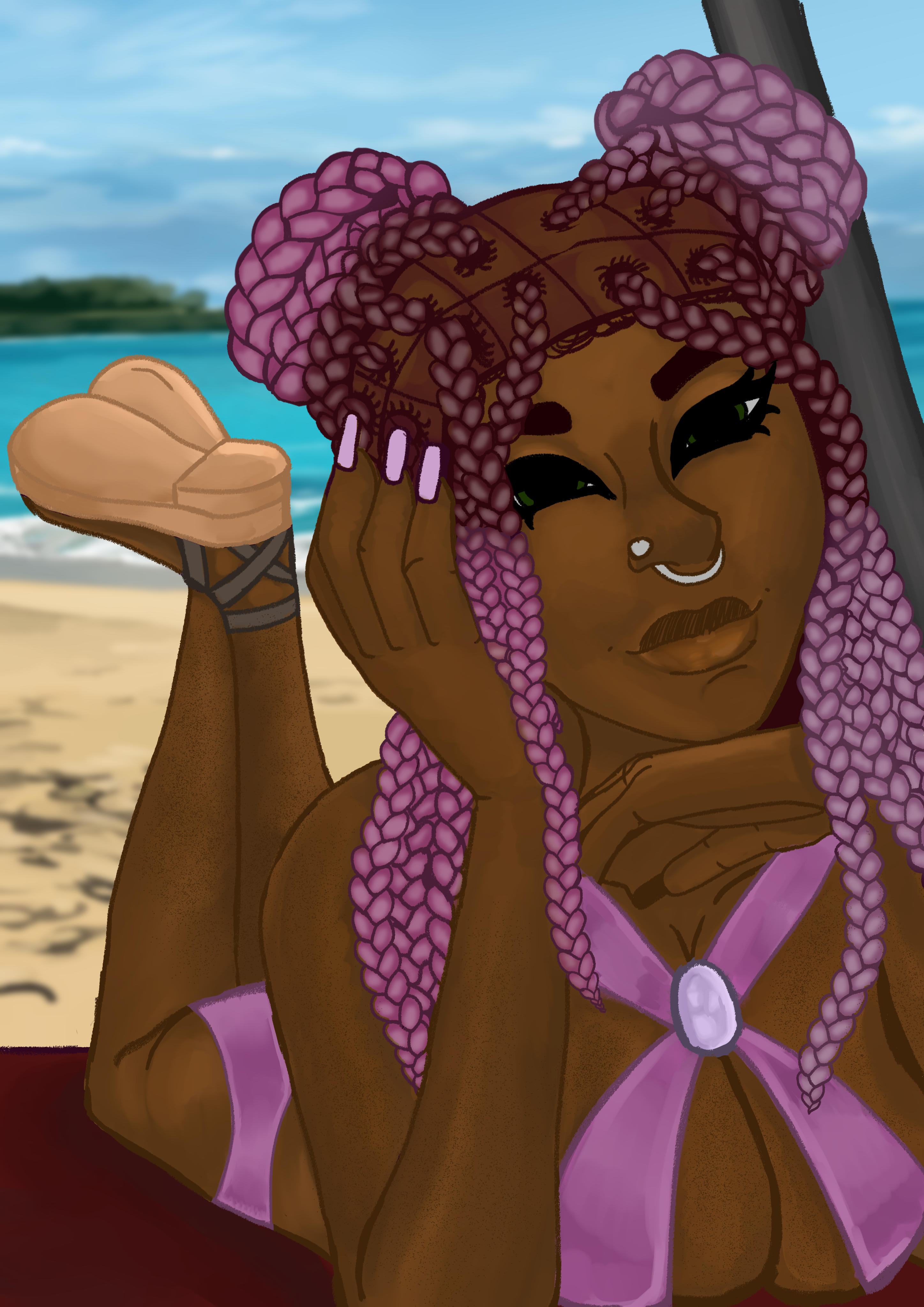 the illustration depicts a darkskinned woman with elaborate purple box braids relaxing on a beach. she's wearing a purple bikini top and sandals, and has a nose ring. her pose is relaxed and languid, with her arms resting on her body. the background features a sandy beach and a calm ocean with a distant shoreline, suggesting a tropical or sunny location. the art style is digital and somewhat cartoonish or animeinspired. the overall mood is peaceful and summery.